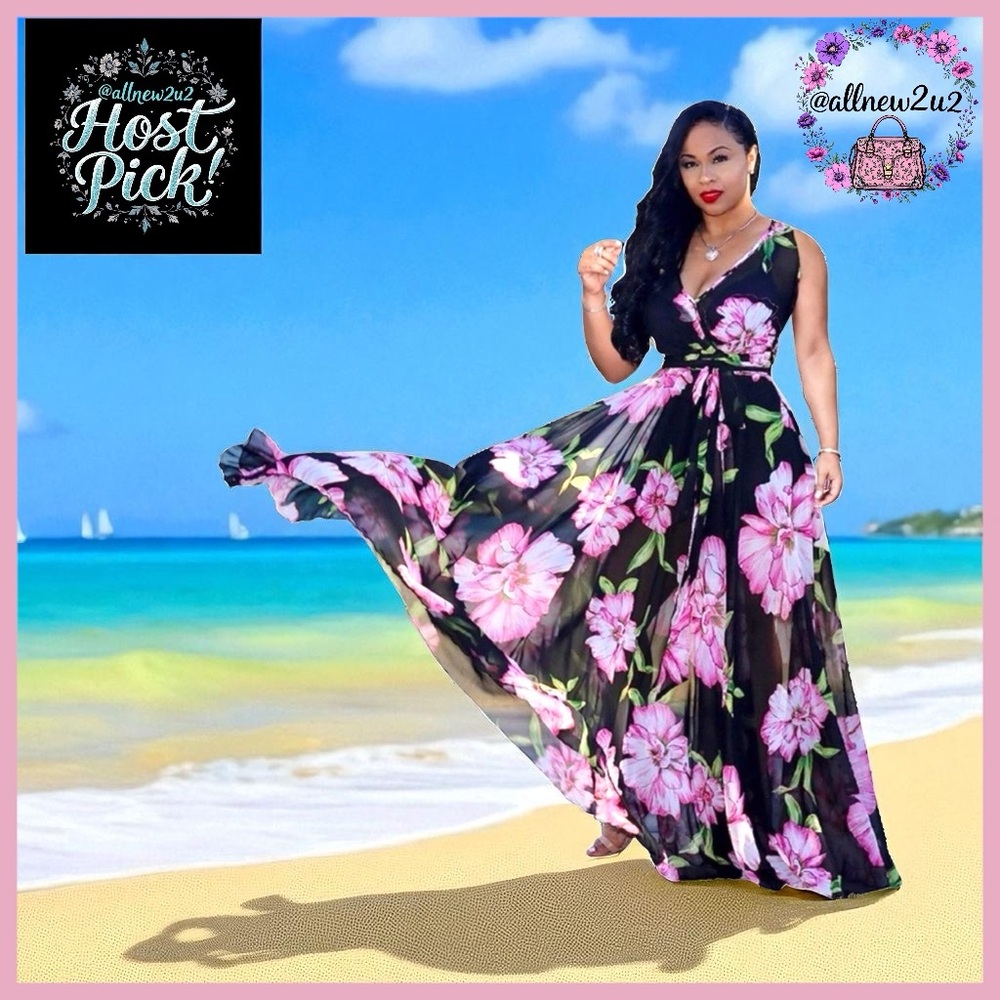 Women’s V-Neck Sleeveless Maxi Dress Blue Pink Floral - Picture 3 of 9